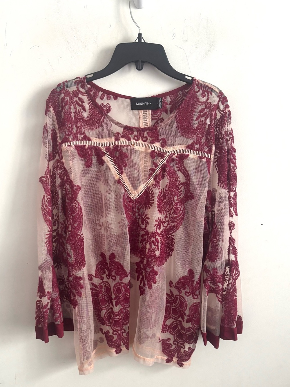 Minkpink Women’s Blouse Sheer Floral Print Flare Sleeve Medium Fairy Feminine